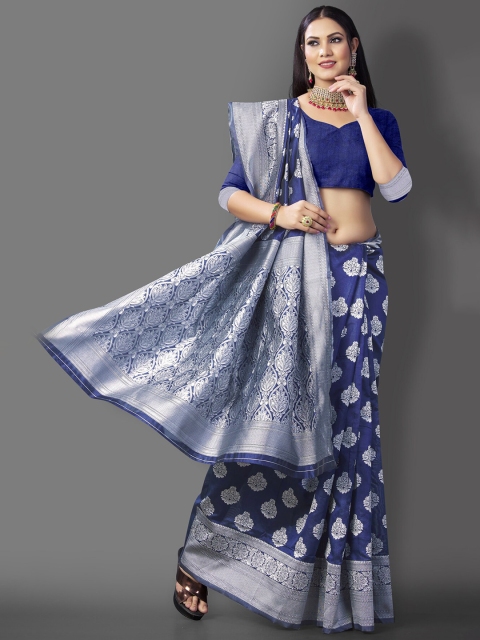 

Wuxi Blue & Silver-Toned Woven Design Zari Pure Silk Kanjeevaram Saree