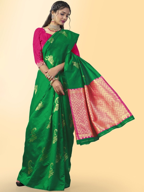 

Wuxi Lime Green & Orange Ethnic Motifs Zari Pure Silk Kanjeevaram Saree