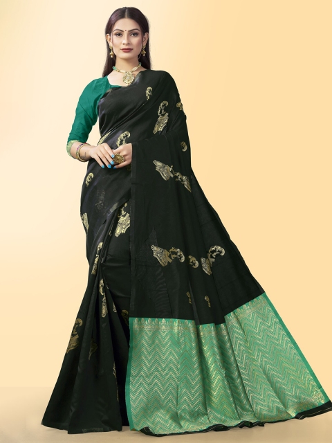 

Wuxi Black & Green Ethnic Motifs Zari Pure Silk Kanjeevaram Saree