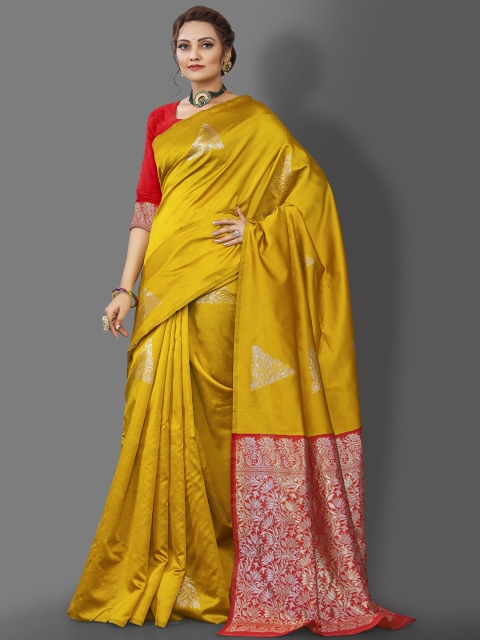 

Wuxi Gold-Toned & Yellow Woven Design Zari Pure Silk Banarasi Saree