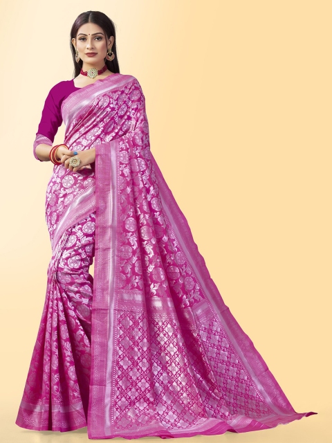 

Wuxi Peach-Coloured & Silver-Toned Woven Design Zari Pure Silk Banarasi Saree