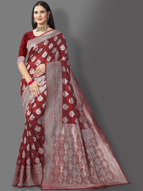 

Wuxi Maroon & Silver-Toned Woven Design Zari Pure Silk Kanjeevaram Saree