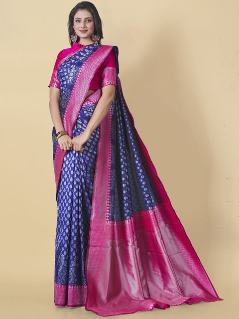 

Wuxi Navy Blue & Pink Ethnic Motifs Zari Pure Silk Kanjeevaram Saree