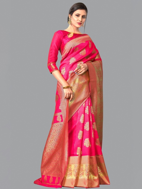 

Wuxi Pink & Gold-Toned Floral Zari Pure Silk Banarasi Saree
