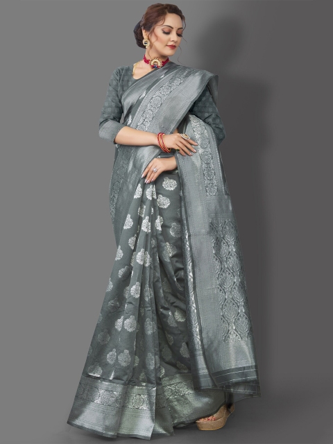 

Wuxi Grey & Silver-Toned Woven Design Zari Pure Silk Kanjeevaram Saree