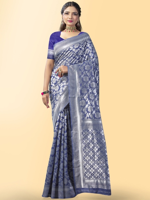 

Wuxi Gunmetal-Toned & Blue Woven Design Zari Pure Silk Banarasi Saree, Metallic