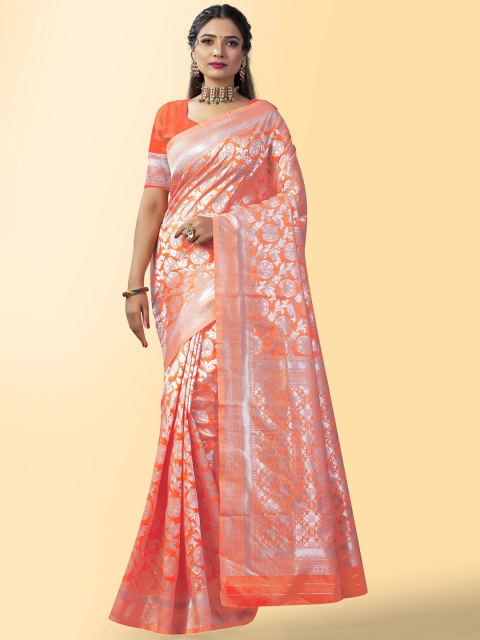 

Wuxi Orange & Silver-Toned Woven Design Zari Pure Silk Banarasi Saree
