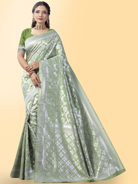 

Wuxi Lime Green & Silver-Toned Woven Design Zari Pure Silk Banarasi Saree