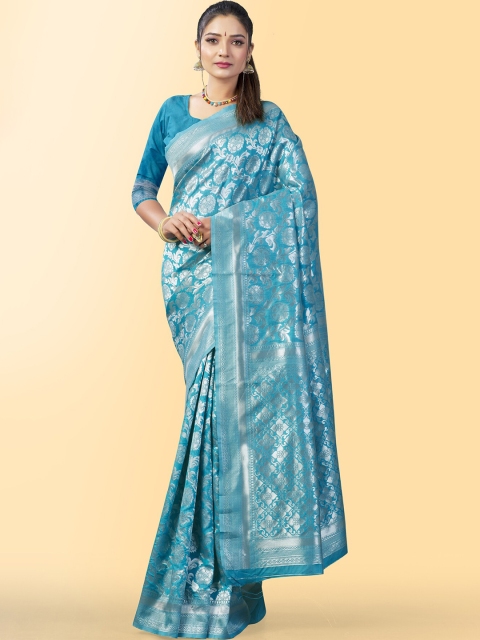 

Wuxi Blue & Silver-Toned Woven Design Zari Pure Silk Banarasi Saree