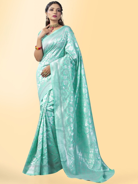 

Wuxi Sea Green & Silver-Toned Woven Design Zari Pure Silk Banarasi Saree