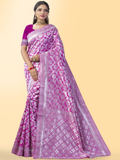 

Wuxi Magenta & Silver-Toned Woven Design Zari Pure Silk Banarasi Saree