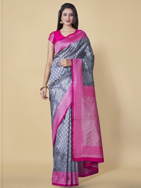 

Wuxi Grey & Pink Ethnic Motifs Zari Pure Silk Kanjeevaram Saree