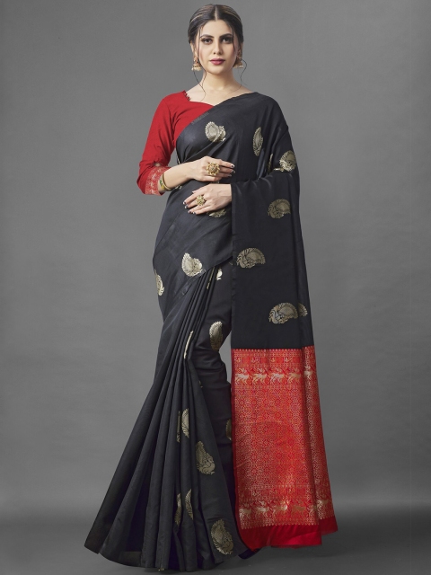 

Wuxi Black & Orange Woven Design Zari Pure Silk Banarasi Saree