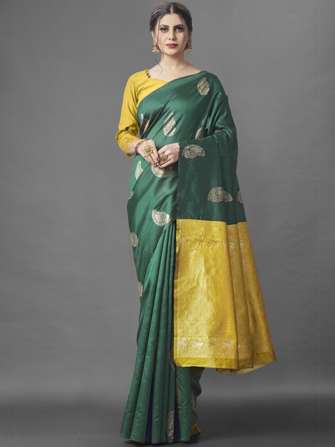 

Wuxi Green & Gold-Toned Woven Design Zari Pure Silk Banarasi Saree