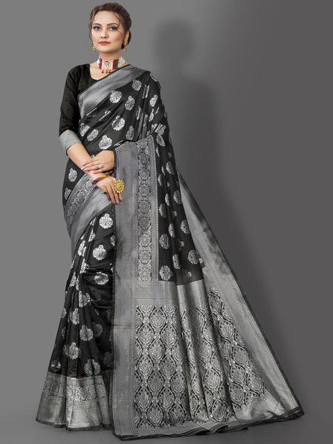 

Wuxi Black & Silver-Toned Woven Design Zari Pure Silk Kanjeevaram Saree