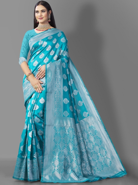 

Wuxi Teal & Silver-Toned Woven Design Zari Pure Silk Kanjeevaram Saree