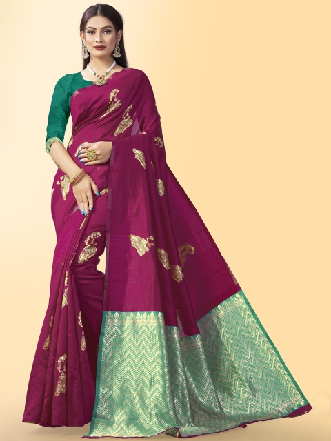 

Wuxi Magenta & Green Ethnic Motifs Zari Pure Silk Kanjeevaram Saree