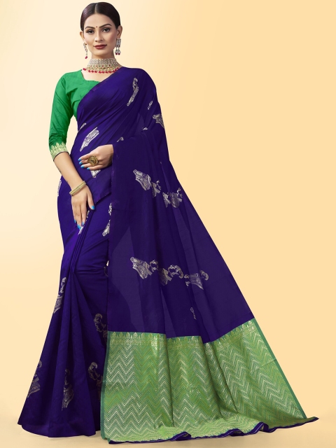 

Wuxi Blue & Green Ethnic Motifs Zari Pure Silk Kanjeevaram Saree