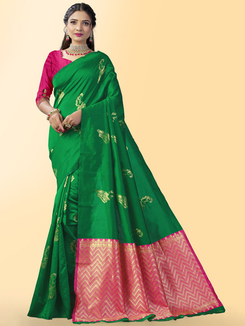 

Wuxi Green & Pink Ethnic Motifs Zari Pure Silk Kanjeevaram Saree