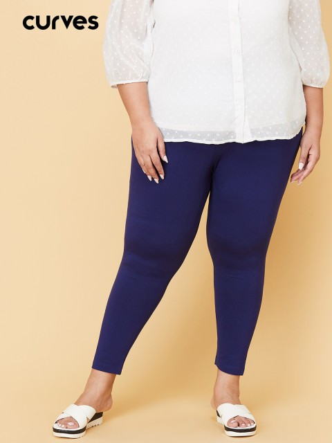 

max Women Plus Size Blue Solid Ankle-Length Leggings