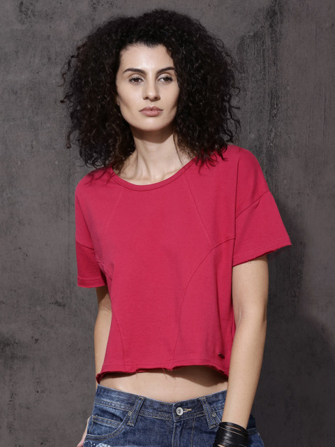 

Roadster Women Pink Solid Round Neck T-shirt