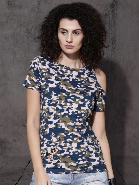 

Roadster Women Grey & Black Camouflage Printed Pure Cotton Top