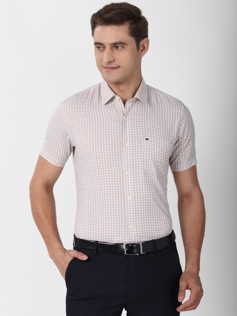

Peter England Men Beige Slim Fit Grid Tattersall Checks Checked Formal Shirt