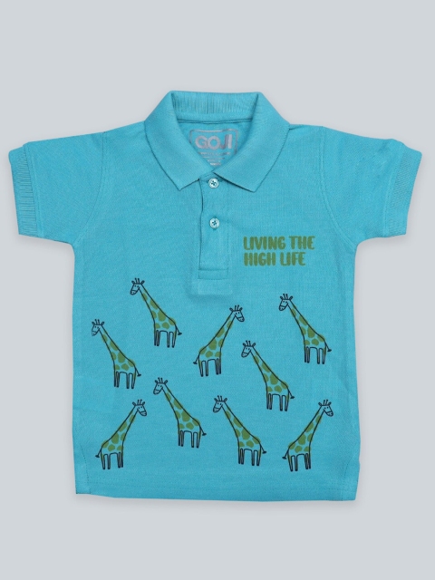 

GOJI Boys Sea Green Typography Printed Polo Collar Applique T-shirt