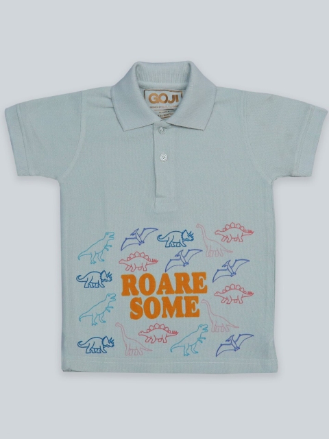 

GOJI Boys Sea Green & pearl blue Printed Polo Collar Tropical Applique T-shirt