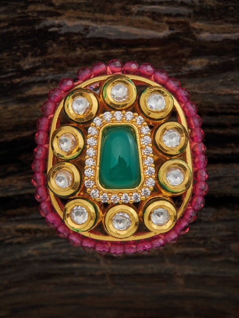 

Kushal's Fashion Jewellery Gold-Plated Red & Green Kundan-Studded & Beaded Adjustable Finger Ring