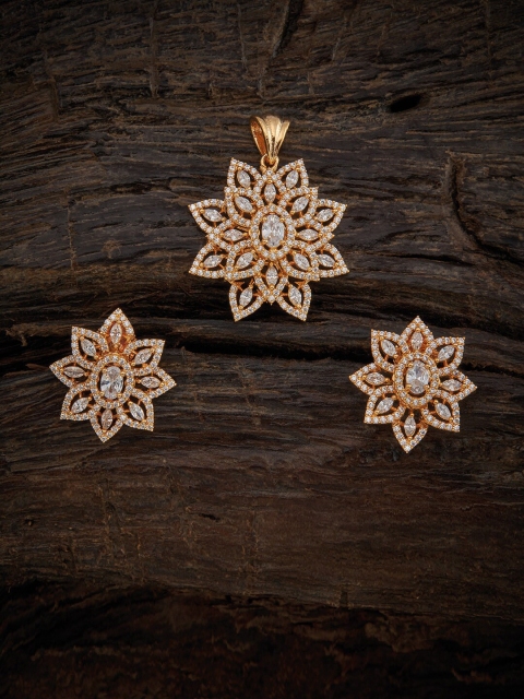 

Kushal's Fashion Jewellery Gold-Plated White CZ-Studded Pendant With Earring Set