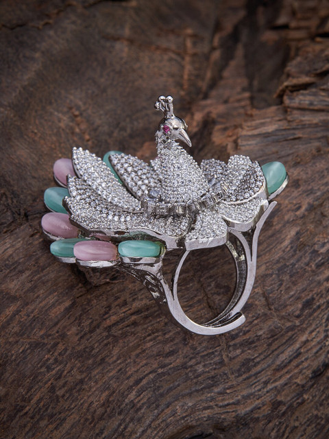 

Kushal's Fashion Jewellery Rhodium-Plated Pink & Sea Green CZ-Studded Finger Ring