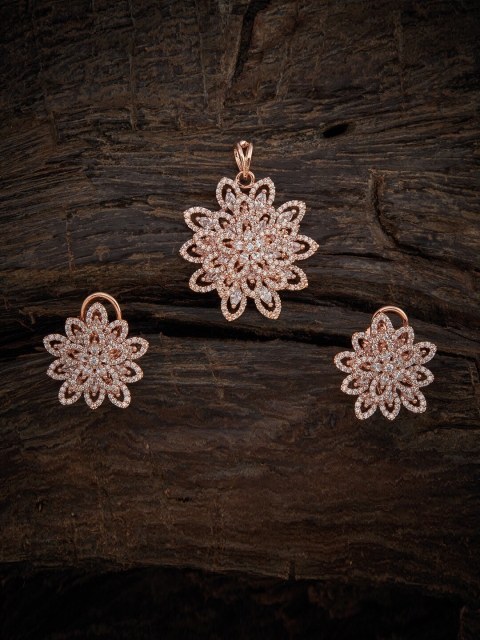 

Kushal's Fashion Jewellery Rose Gold Plated White CZ Studded Pendant With Earring Set