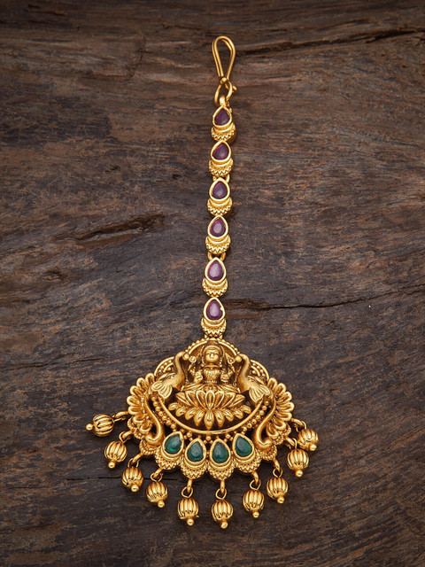 

Kushal's Fashion Jewellery Women Gold-Plated & Green 92.5 Silver Stone Studded Maang Tikka