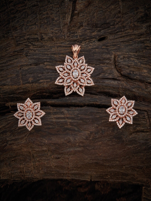 

Kushal's Fashion Jewellery Rose Gold-Plated White CZ Studded Pendant With Earring