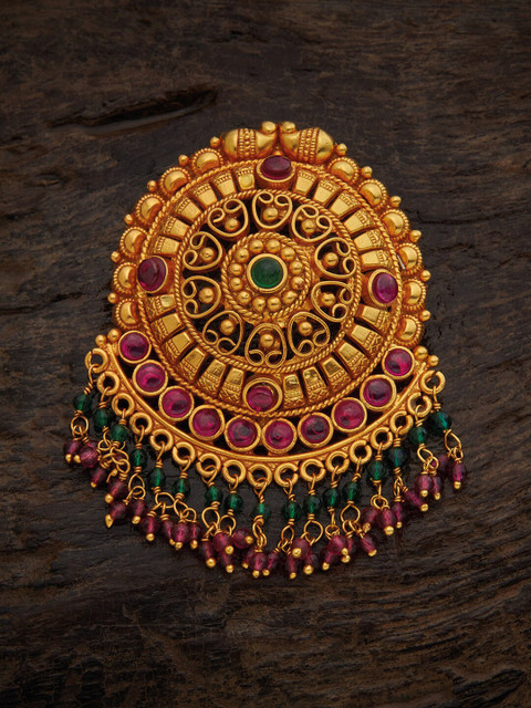 

Kushal's Fashion Jewellery Gold-Plated Red & Green Stone-Studded & Beaded Temple Pendant