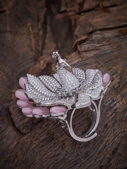 

Kushal's Fashion Jewellery Rhodium-Plated Pink & White CZ Studded Adjustable Finger Ring, Silver
