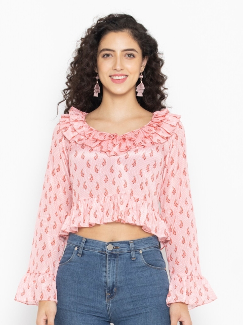 

SEW YOU SOON Women Pink Floral Print Off-Shoulder Crepe Top
