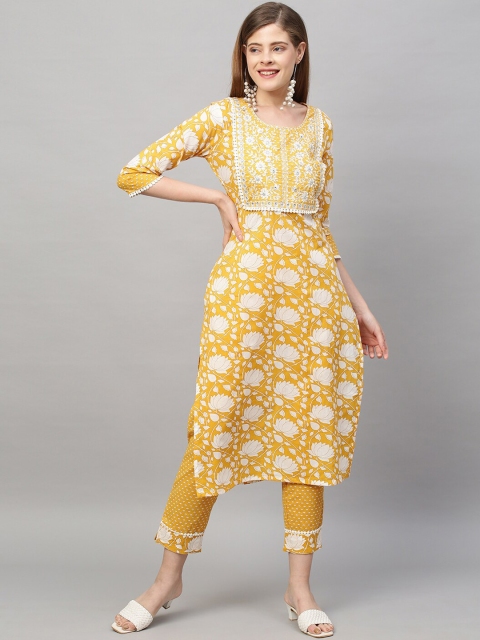 

FASHOR Women Yellow Printed Layered Mirror Work Pure Cotton Kurti with Trousers