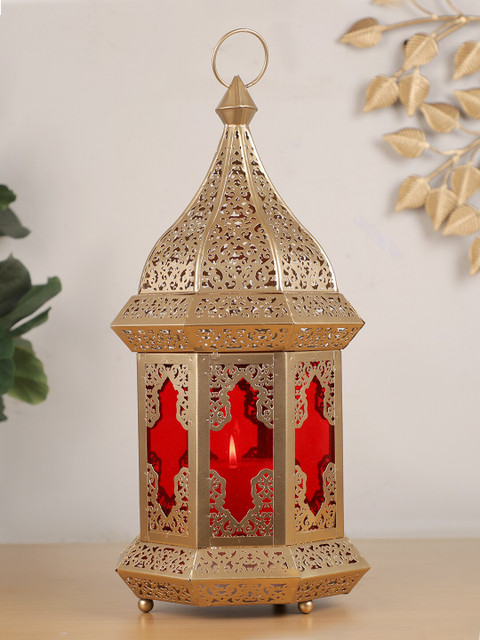 

HomeTown Gold-Toned & Red Textured Dazzle Glass Lantern Candle Holder