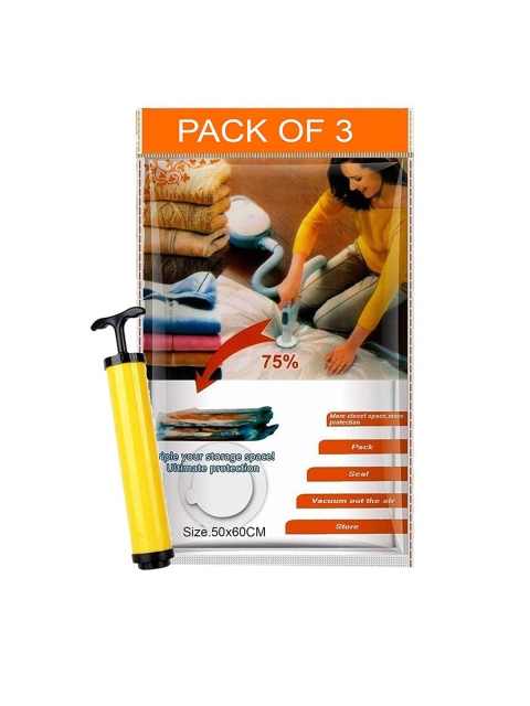 

HOUSE OF QUIRK Set Of 3 Transparent Solid Vacuum Sealed Storage Bags With Handpump
