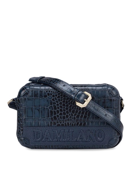 

Da Milano Blue Textured Leather Structured Sling Bag with Quilted