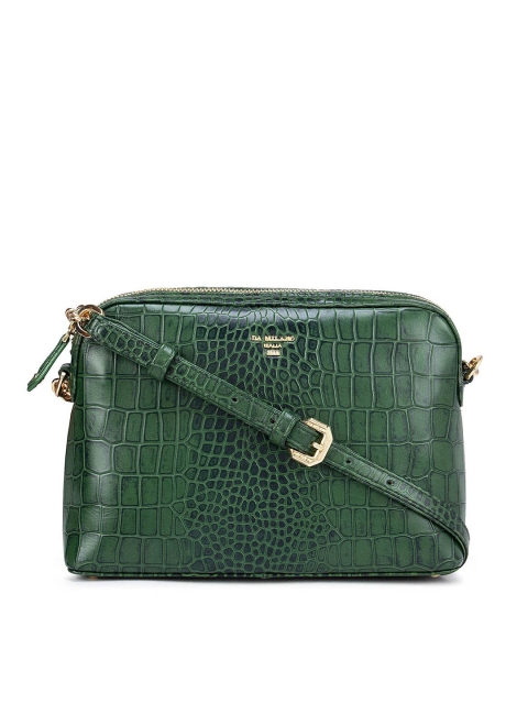 

Da Milano Green Animal Textured Leather Structured Sling Bag with Cut Work