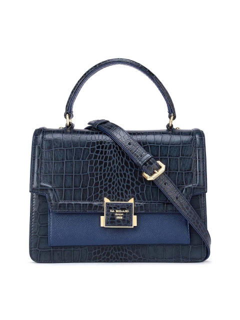 

Da Milano Blue Textured Leather Structured Satchel with Cut Work