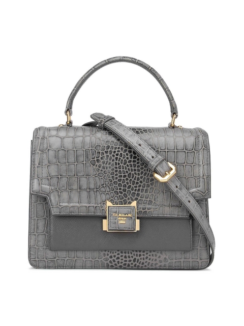 

Da Milano Grey Animal Textured Leather Oversized Structured Satchel with Cut Work