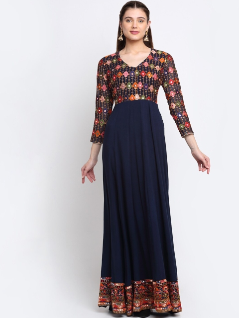 

anokherang Women Navy Blue Floral Embroidered Mirror Work Indigo Anarkali Kurta