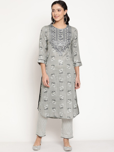 

Be Indi Women Grey Floral Embroidered Panelled Mirror Work Kurta with Trousers