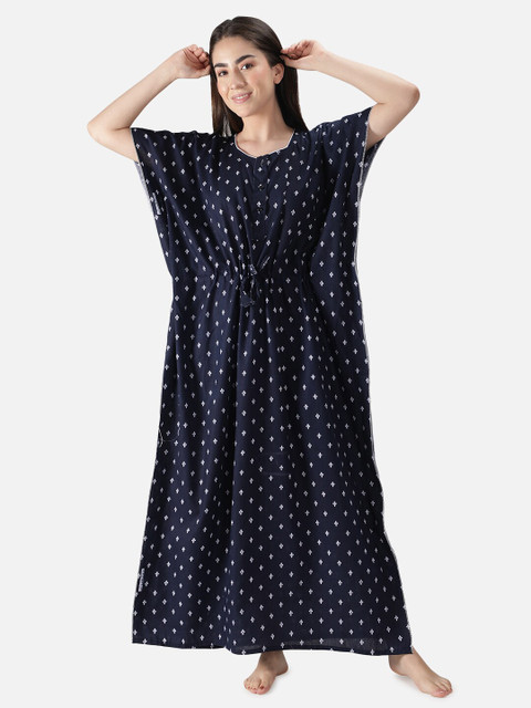 

LacyLook Navy Blue Printed Cotton Kaftan Nightdress