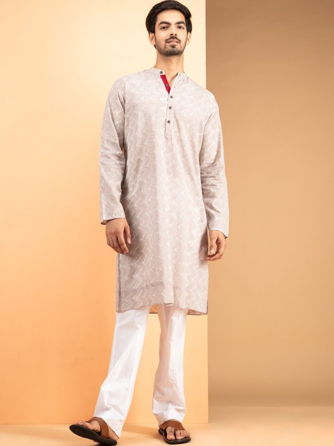 

INDIYUNG Men Grey & cream pink Ethnic Motifs Gotta Patti Kurta