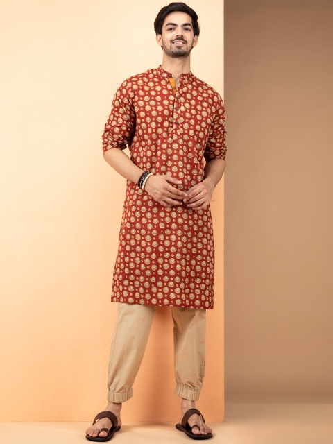 

INDIYUNG Men Red & sun dried tomato Ethnic Motifs Printed Kurta
